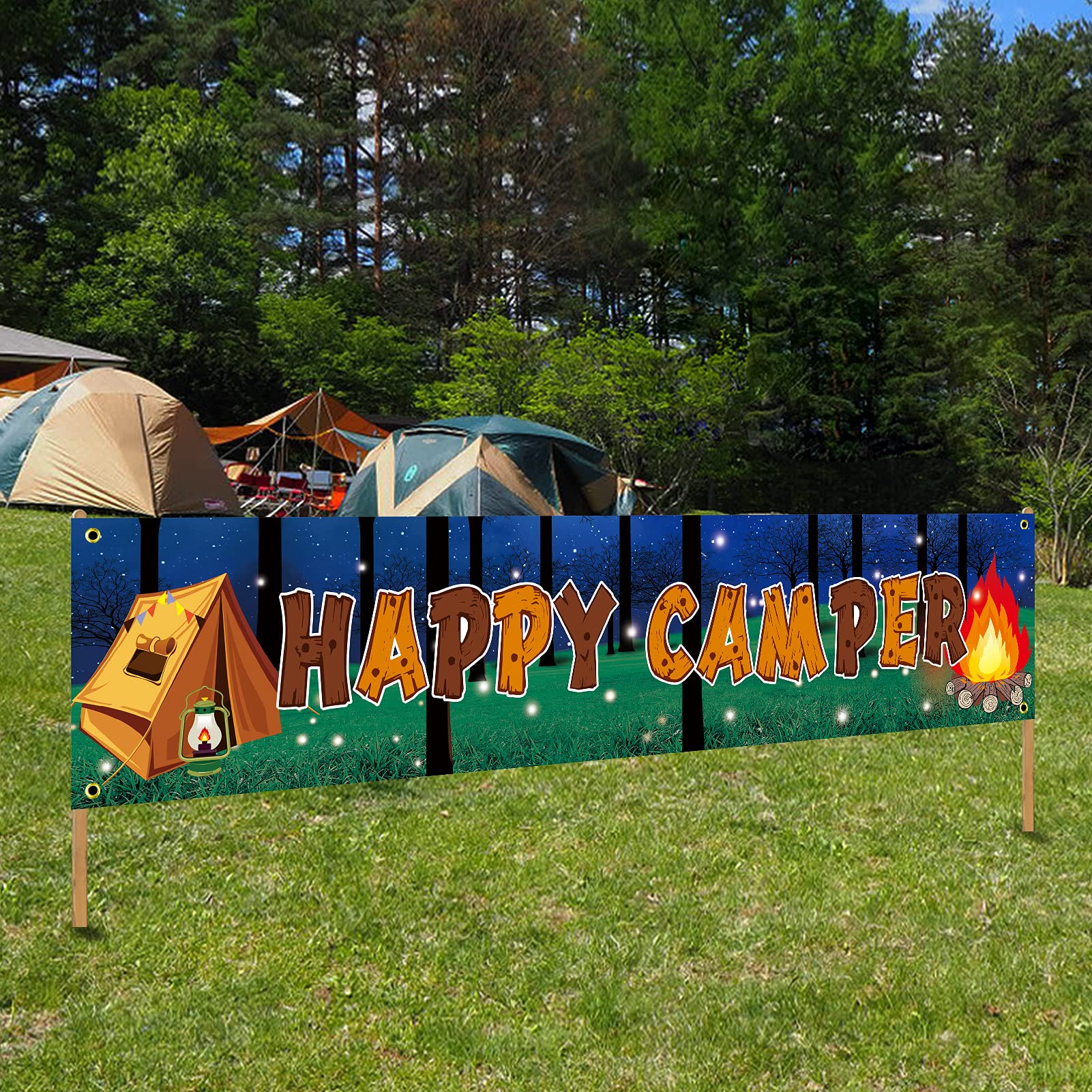 Outdoor Adventure Birthday Party - Happy Camper Banner Camping Theme Birthday